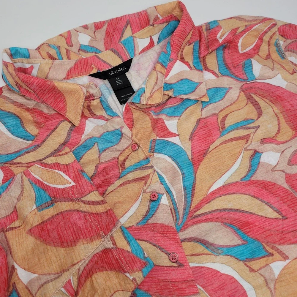 Ali Miles Twin Set Womens 3X Coral Turquoise Abstract Leaf Print Excellent Slub